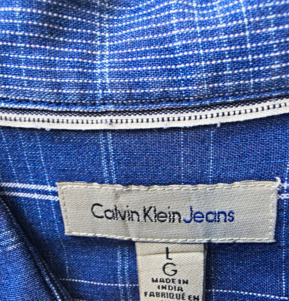 Calvin Klein Jeans Men's L Blue Plaid Woven Cotton Short Sleeve Button-Up